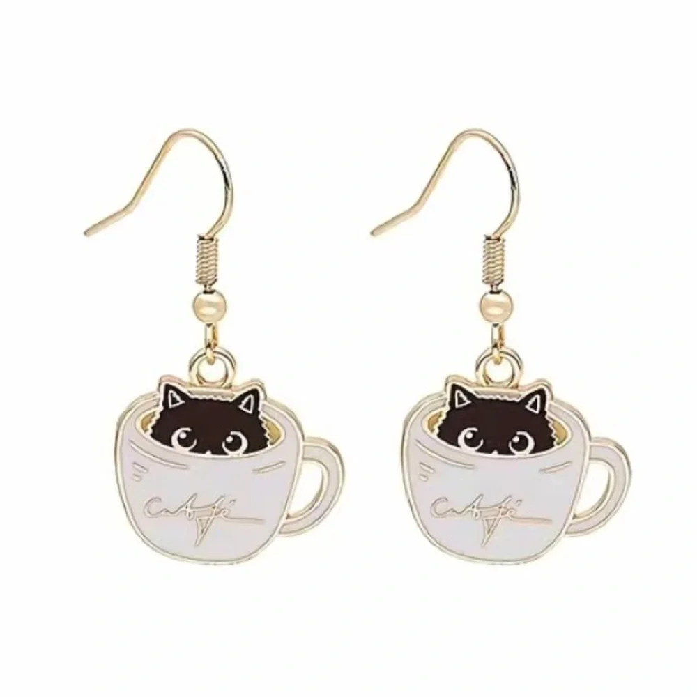 Coffee Cat Lover Cafe Dangling Gold Earrings Limited Edition Kawaii Kitty Gift